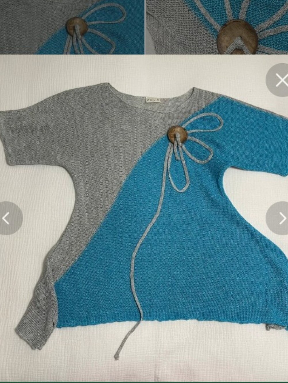 Zoja Sz LG Gray and Teal Colorblock Knit Tunic with Decorative Wooden Button